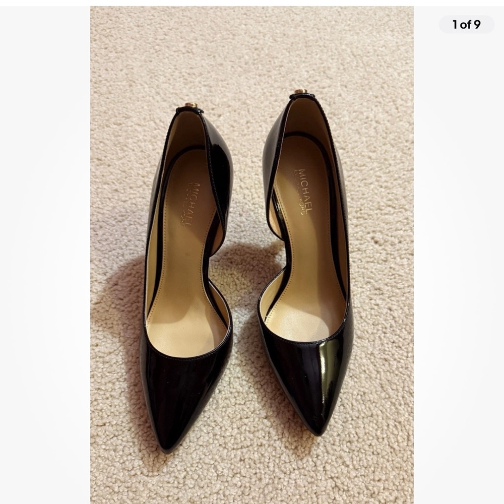 Michael Michael Kors Black Leather Pointed Toe Heels Size 5M Golden Hardware,New